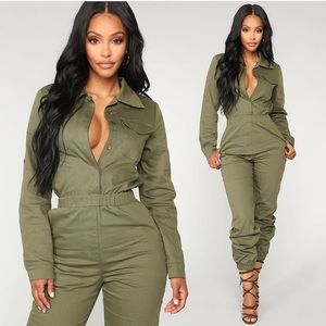 Fashion Nova Olive Aviator Babe Jumpsuit Medium